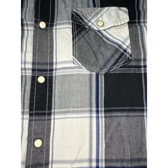 Aeropostale Black/White/Grey Medium Western Plaid Shirt Pearl Snap Long Sleeve - Picture 4 of 12